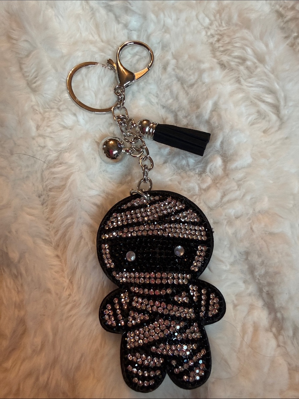 Rhinestone Mummy Keychain Charm - Black & Silver Halloween